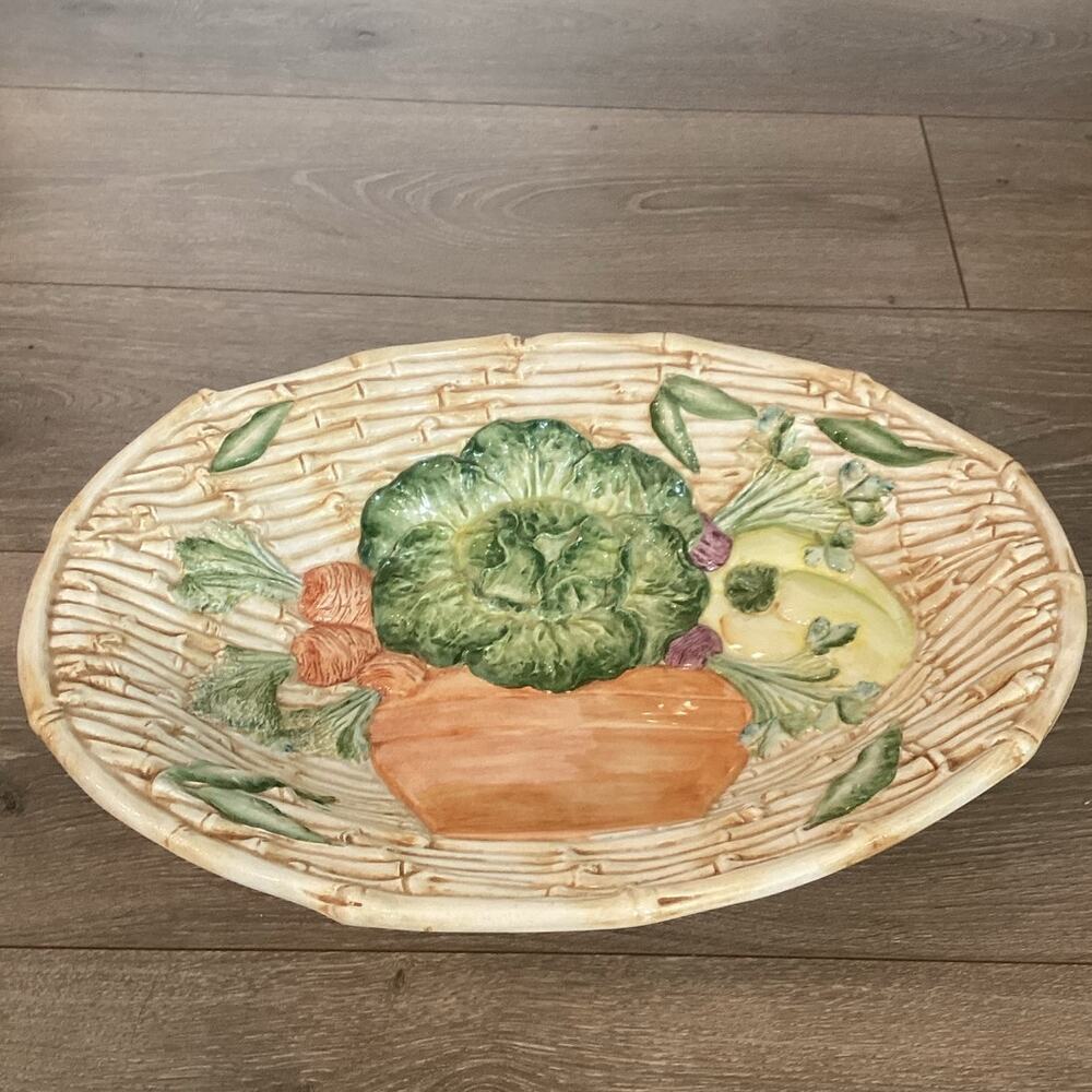 Vtg Ceramic Serving Bowl Platter Vegetable Vietri Majolica Italy White Farmhouse